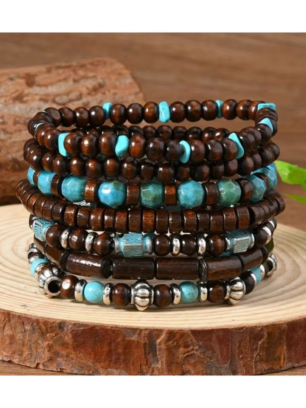 NWT-Boho Southwestern 7-pc Bracelet Set Faux Turquoise, Wood & Silver Beads